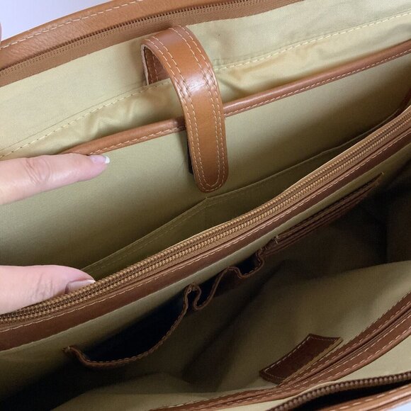 Piel Womens Leather Briefcase Tote Camel Laptop Bag Multiple Pockets Executive - Picture 4 of 10